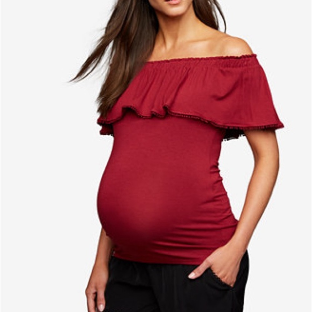 A PEA IN THE POD Maternity Ruffled Off-The-Shoulder Chic Stretchy Top WORN ONCE